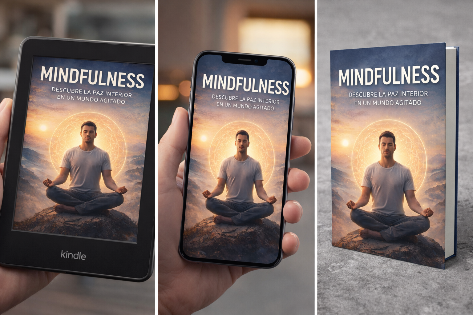 Mockup ebook mindfulness en dispositivos digitales presentación de portada bienestar y desarrollo personal