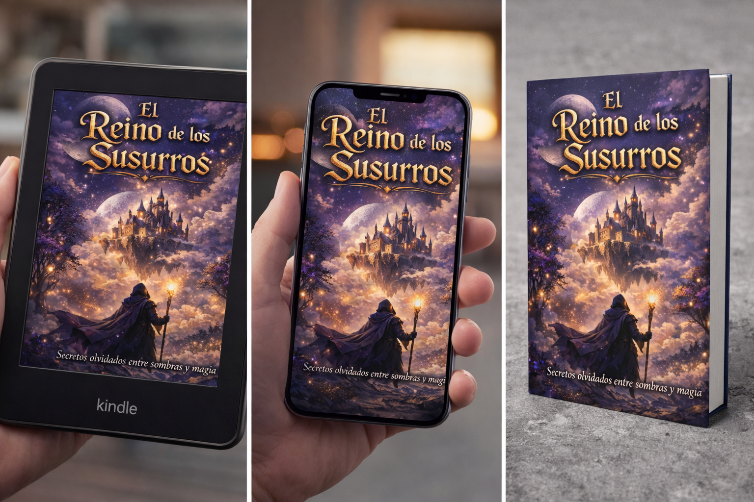 Mockup ebook El Reino de los Susurros en tablet smartphone y libro presentación de portada de fantasía oscura