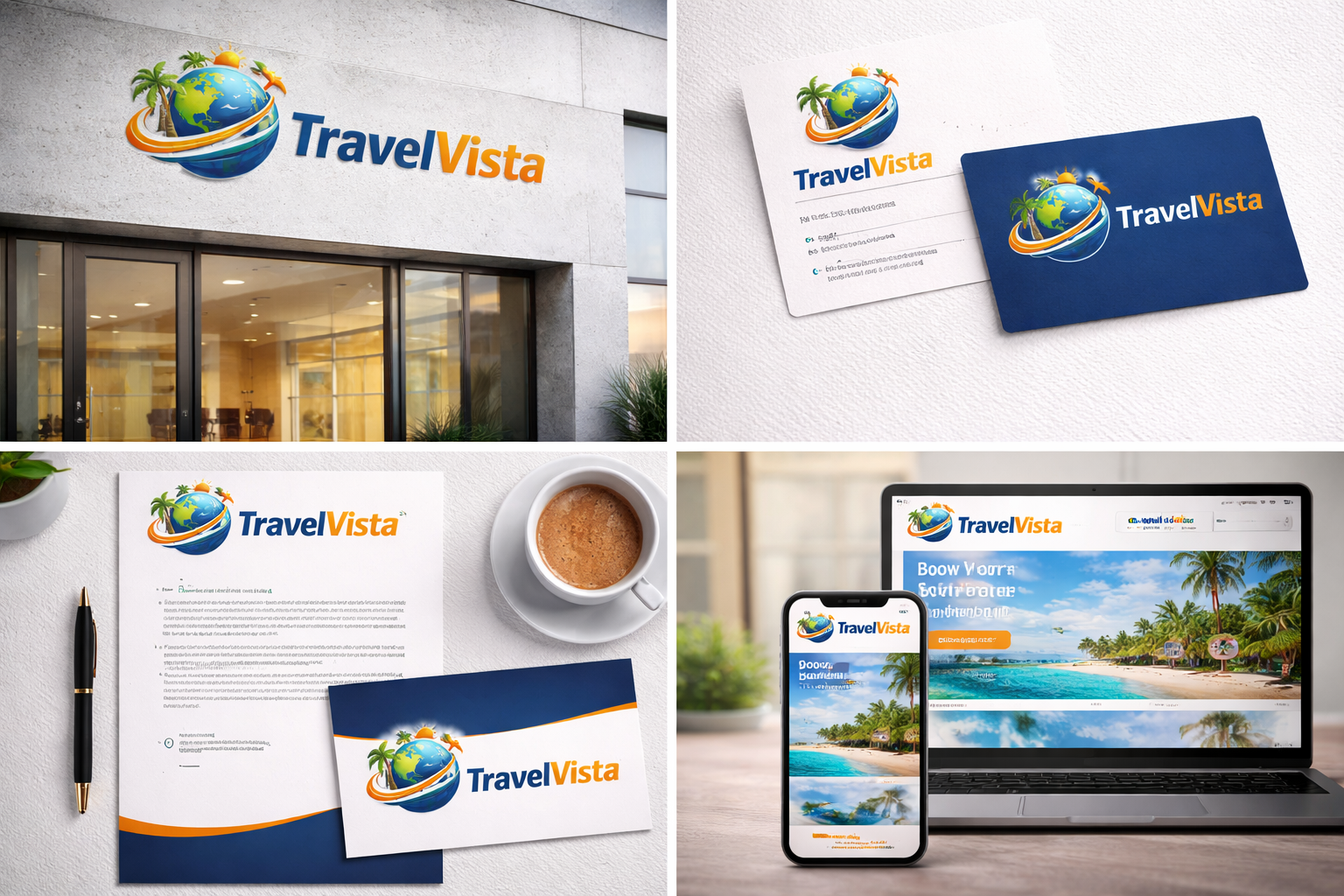 Mockup del logo TravelVista branding para agencia de viajes diseño moderno y profesional aplicado en entorno realista