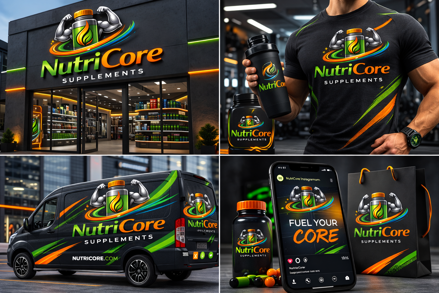 Mockup de branding Nutricore en dispositivos digitales presentación de logo suplementos deportivos y nutrición fitness