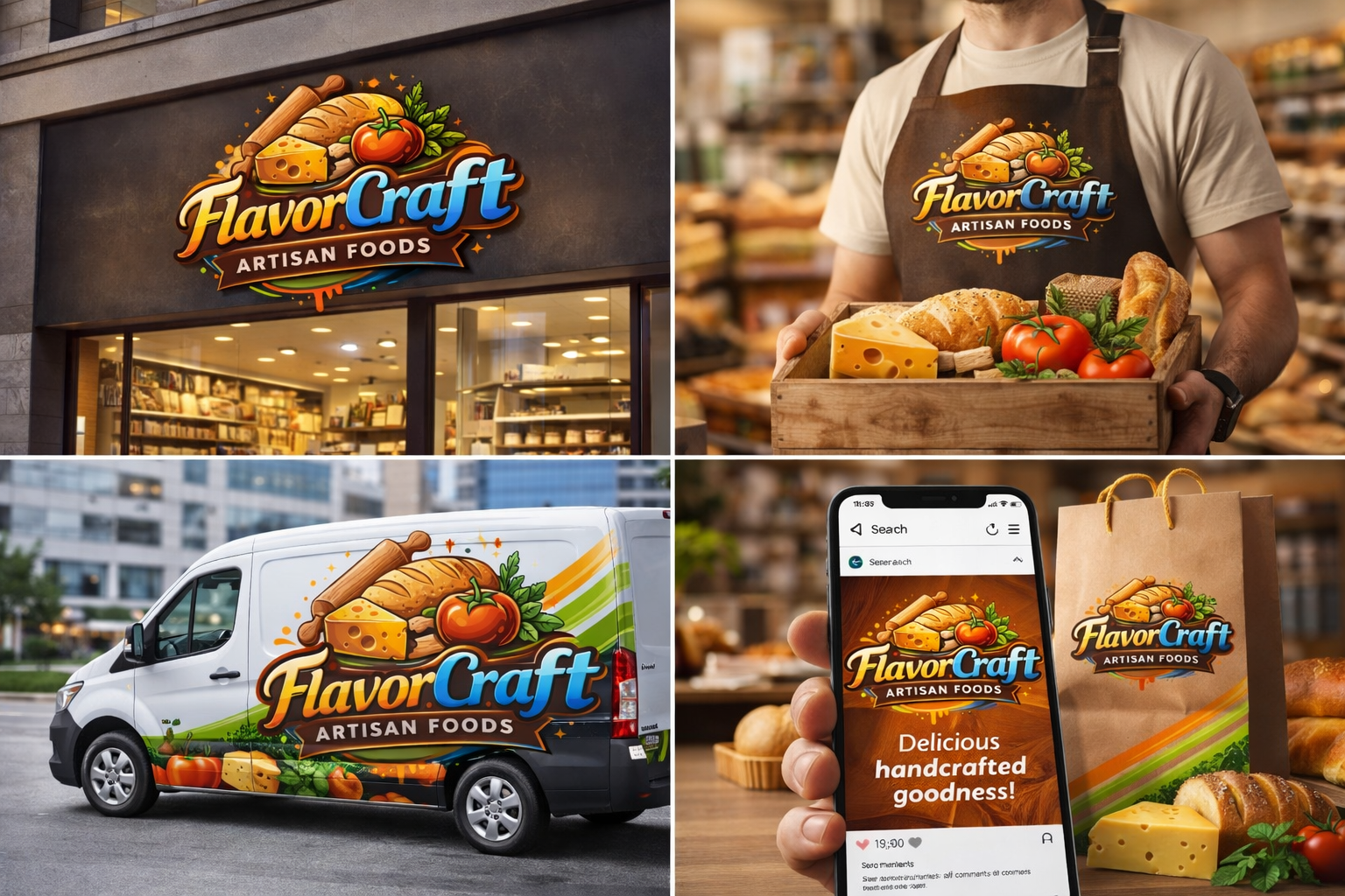 Mockup de branding Flavorcraft en dispositivos digitales presentación de logo comida artesanal y gastronomía