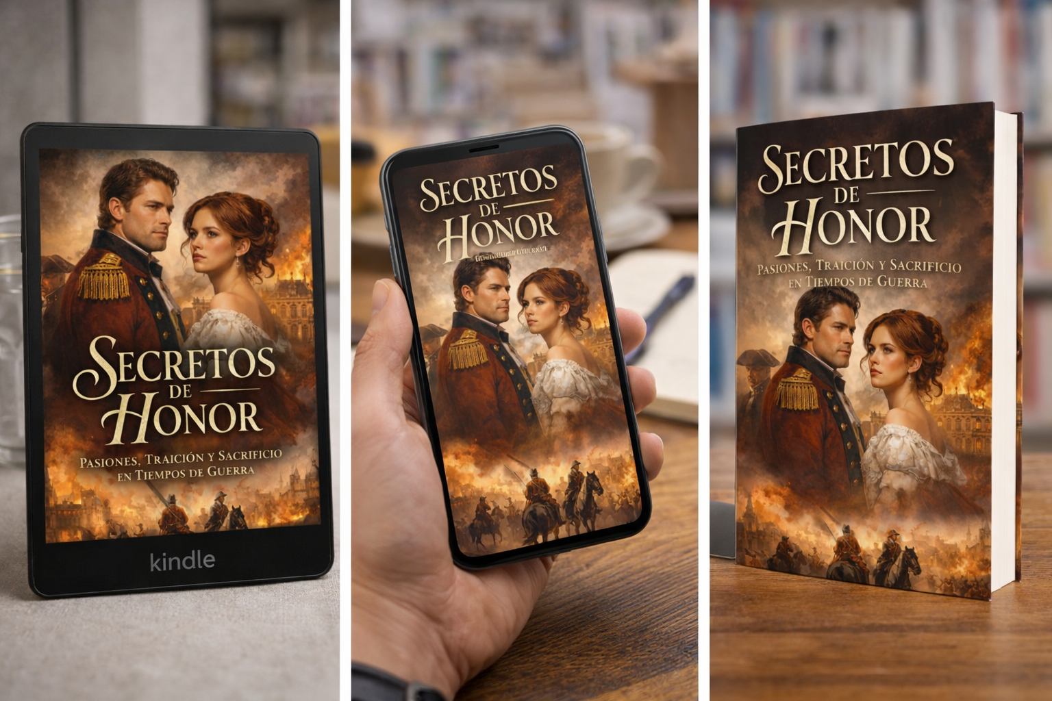 Mockup de portada de ebook Secretos de Honor drama histórico en pantalla digital presentación profesional de libro