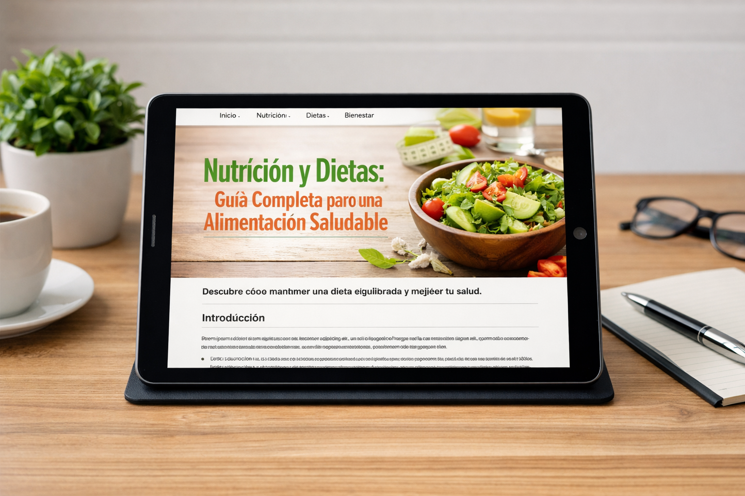 Mockup de artículo SEO sobre nutrición y dieta saludable en pantalla digital presentación de contenido de salud