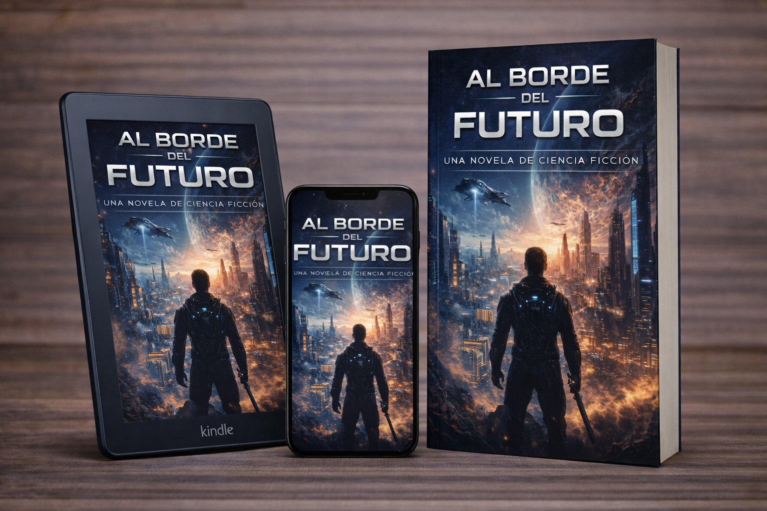 Mockup de ebook Al Borde del Futuro ciencia ficción portada de novela futurista en pantalla digital