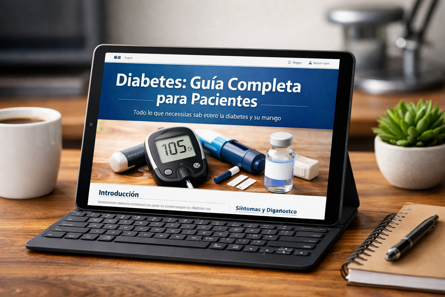 Mockup en tablet de artículo SEO sobre diabetes tipo 1 y tipo 2 información médica salud y bienestar