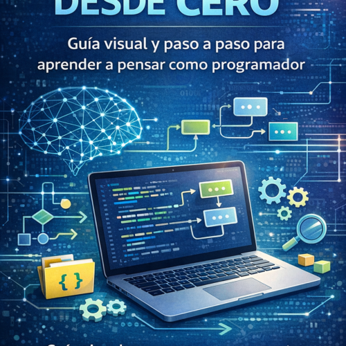 Portada ebook programación para principiantes diseño tecnológico moderno con elementos de código y estilo educativo