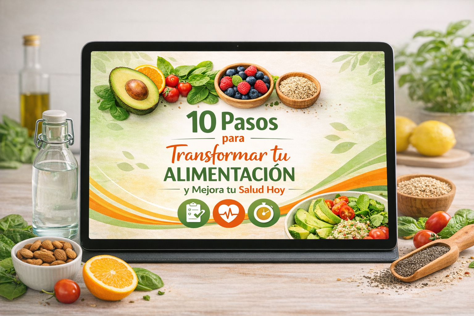 Mockup en ordenador de guía de alimentación saludable lead magnet nutrición hábitos saludables ebook bienestar