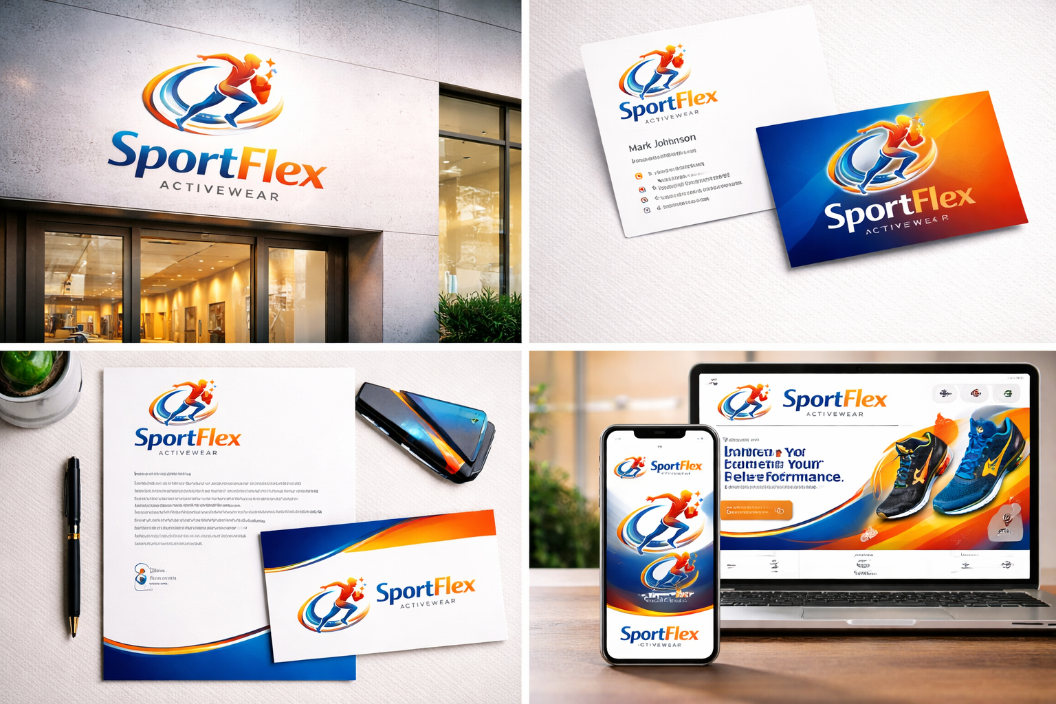 Mockup branding SportFlex diseño de logo deportivo aplicado en diferentes soportes fitness y material corporativo