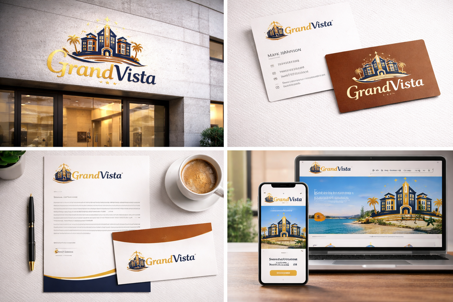 Mockup branding Hotel GrandVista diseño de logo para hotel de lujo aplicado en materiales corporativos premium