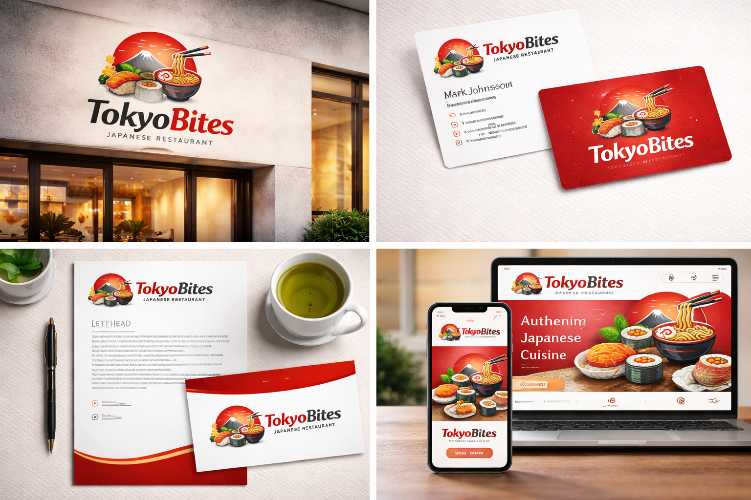 Mockup de branding TokyoBites presentación de marca restaurante japonés con diseño de logo y aplicaciones gastronómicas