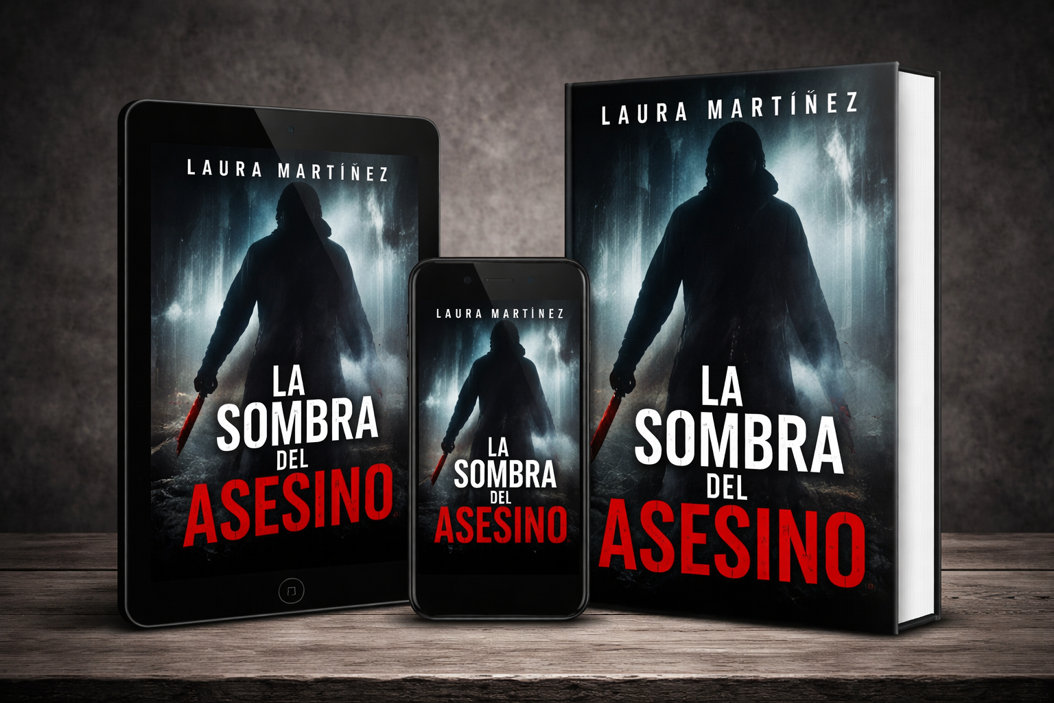 Mockup de portada de ebook thriller La sombra del asesino de Laura Martínez en tablet smartphone y libro físico diseño profesional