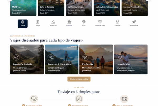 Diseño web para agencia de viajes premium AURAVIA Travel con experiencia digital inmersiva orientada a reservas y conversión de clientes