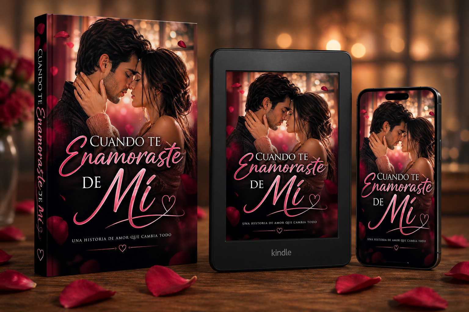 Mockup de libro romántico con versión física, Kindle y smartphone mostrando la portada “Cuando te enamoraste de mí”