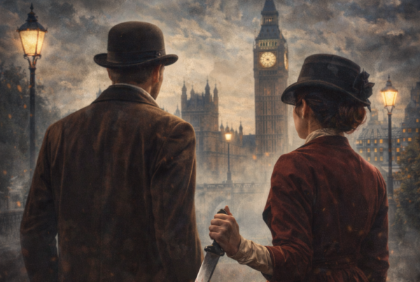 Diseño de portada de ebook de misterio victoriano con estética moderna para thriller histórico ambientado en Londres