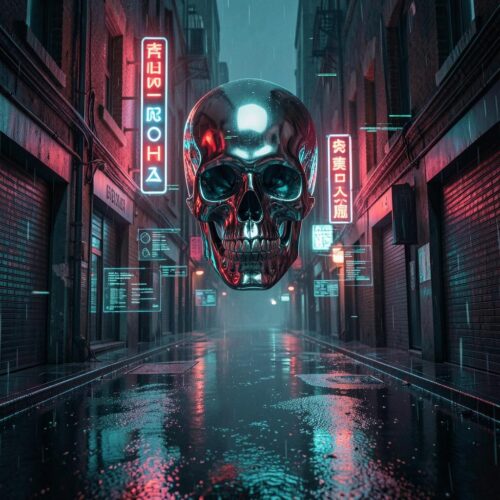 Portada de beat electrónica hip hop Chrome Blood estilo futurista y oscuro para artistas urbanos