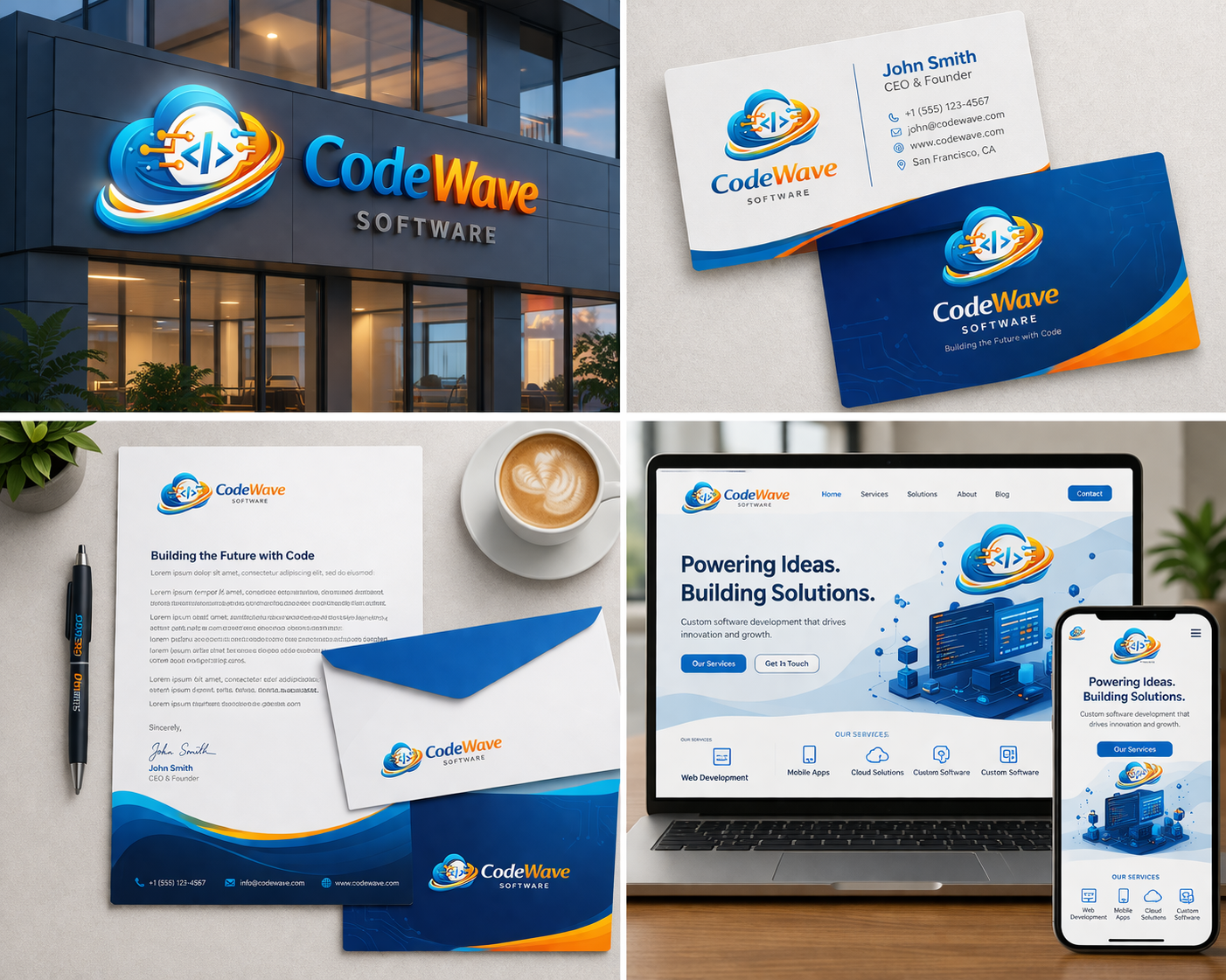 Identidad visual CodeWave Software aplicada en branding tecnológico con diseño moderno para empresa de desarrollo digital