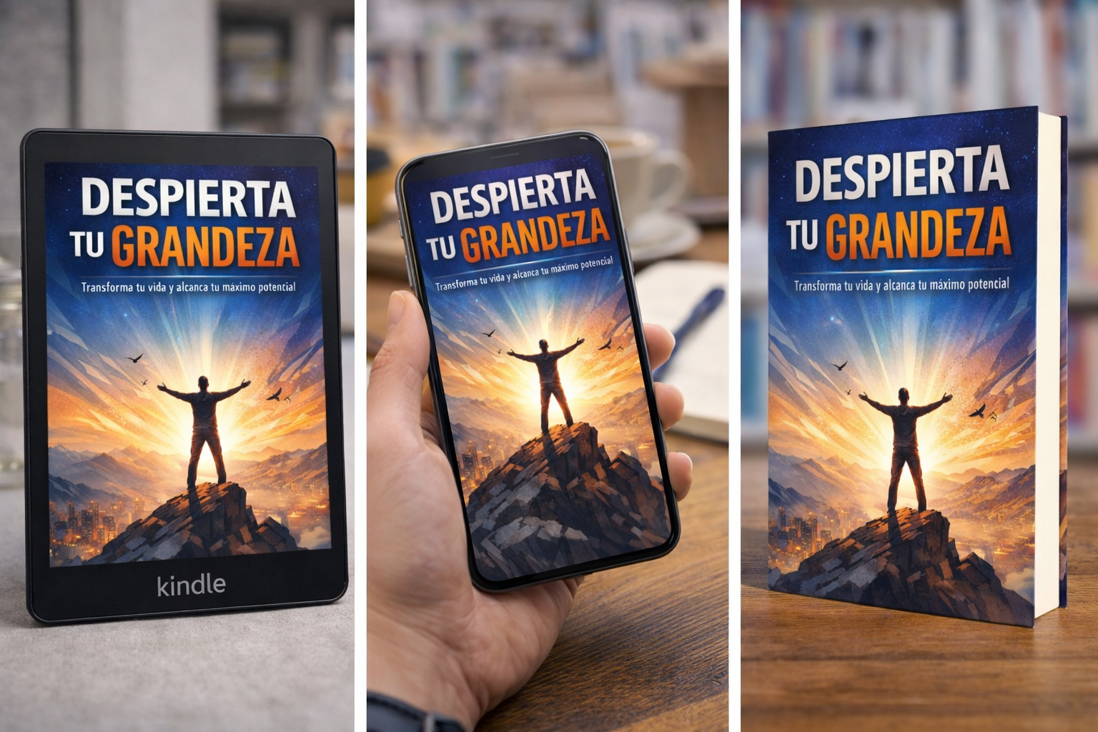 Mockup del ebook Despierta tu Grandeza en varios formatos digitales con diseño de desarrollo personal y motivación