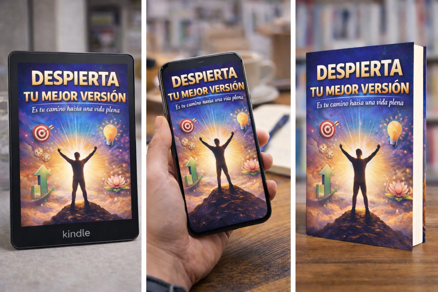 Mockup del ebook Despierta tu Mejor Versión en diseño realista de desarrollo personal y motivación para superación y crecimiento