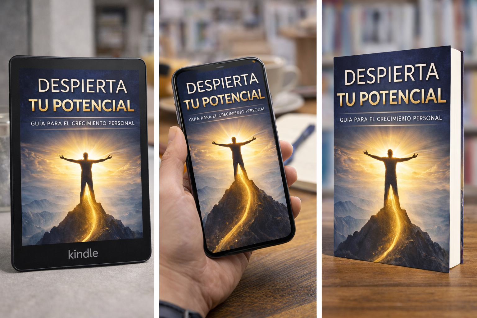 Portada de ebook Despierta tu potencial en tres formatos de desarrollo personal y motivación con diseño inspirador de crecimiento y superación