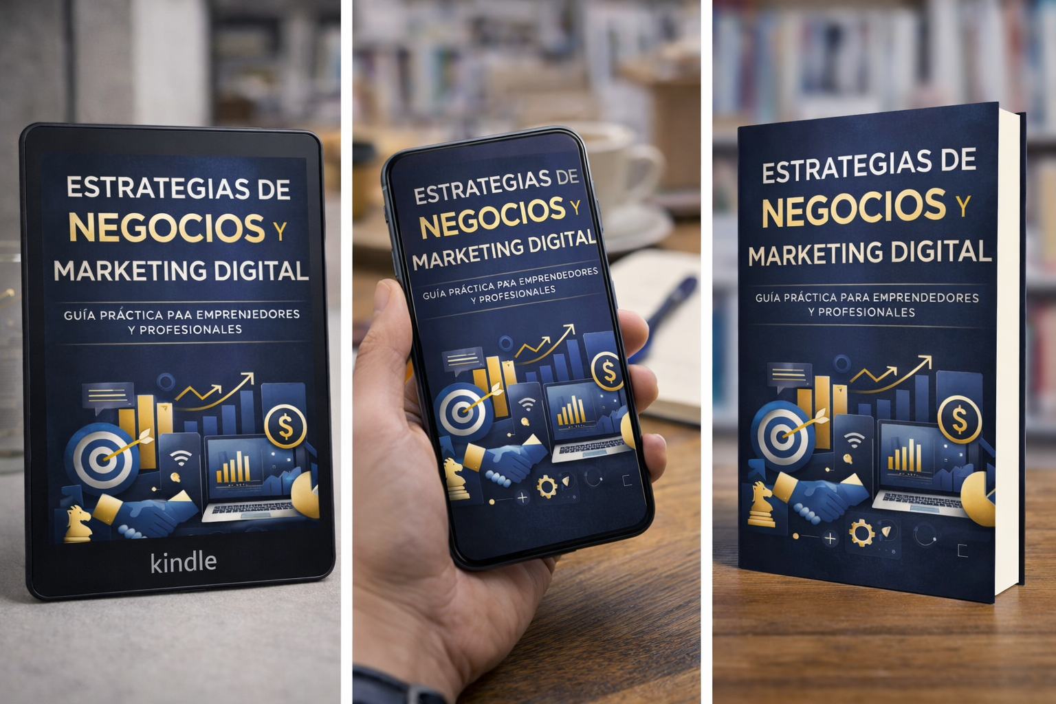 Portada de ebook de estrategias de negocios y marketing digital para emprendedores con diseño profesional y enfoque en crecimiento empresarial