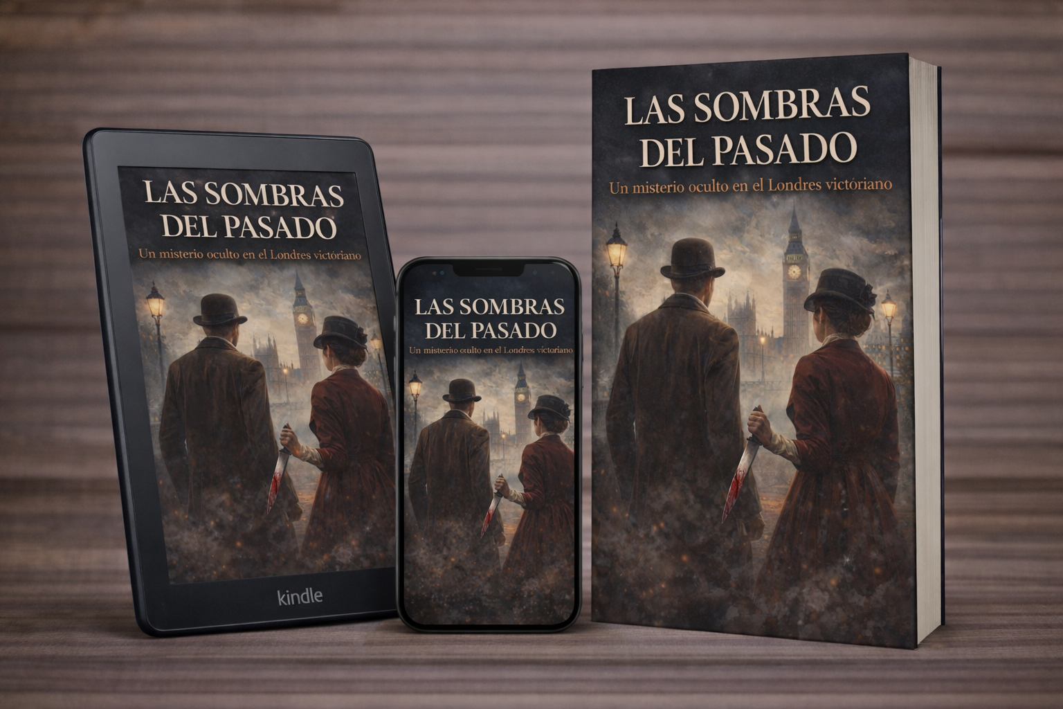 Mockup de portada de ebook de misterio victoriano con diseño moderno de thriller histórico ambientado en Londres