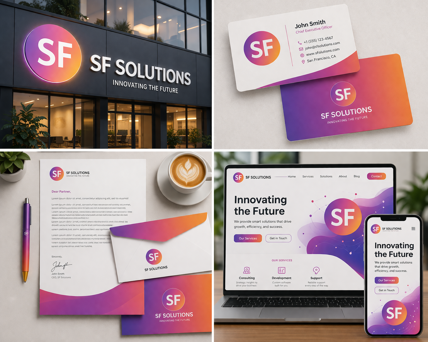 Identidad corporativa SF Solutions con diseño de branding minimalista moderno para empresa profesional