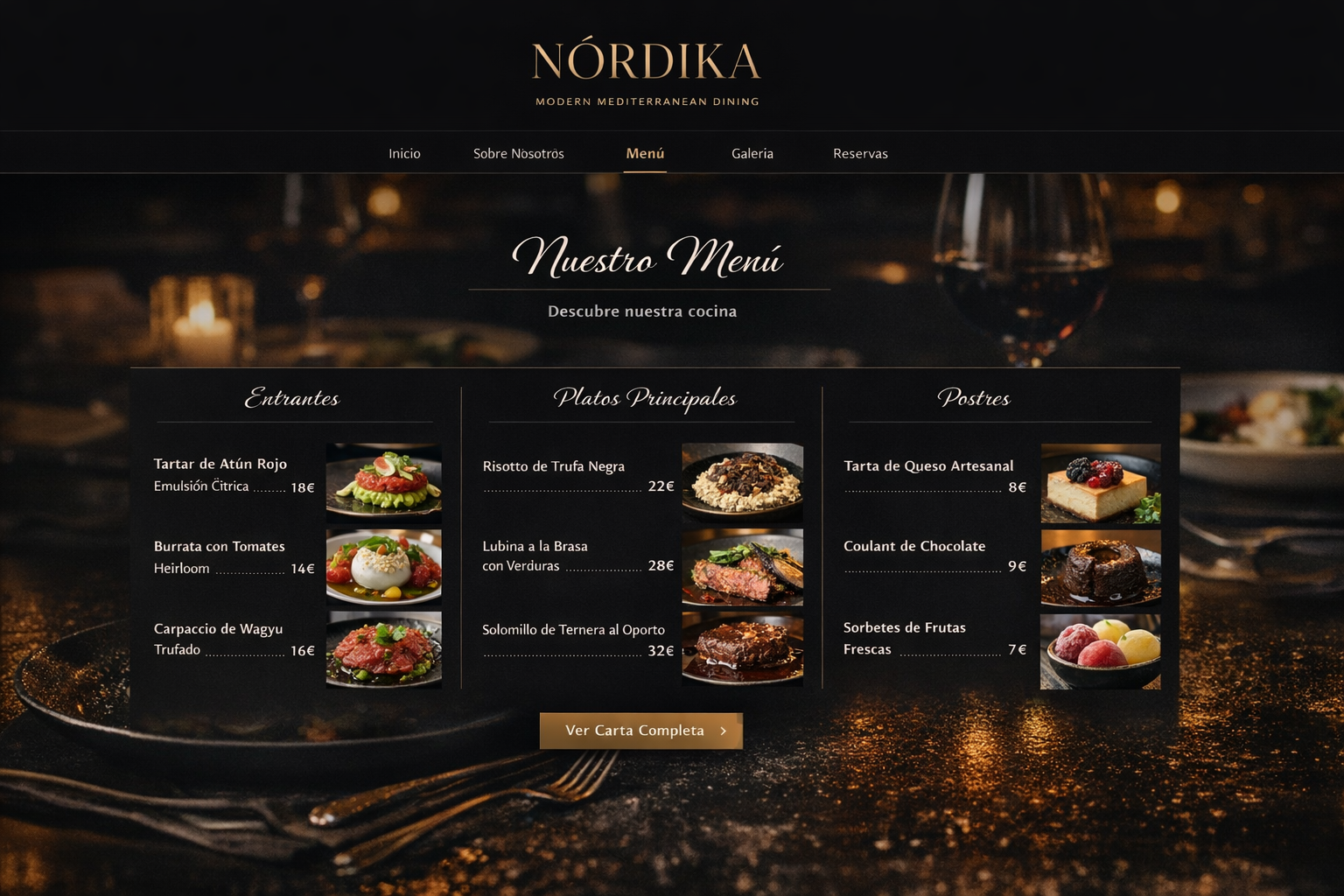 Menú digital de restaurante NÓRDIKA con diseño elegante y minimalista para restaurante premium de cocina mediterránea moderna