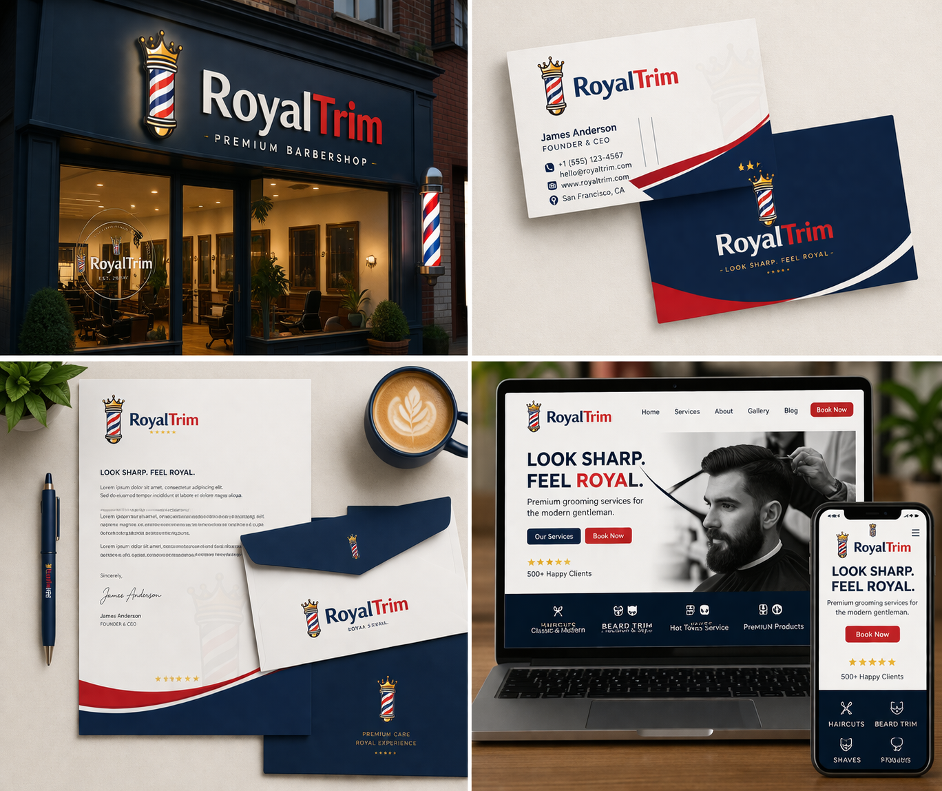 Mockup del logotipo RoyalTrim aplicado en branding de barbería premium con diseño elegante y estilo masculino
