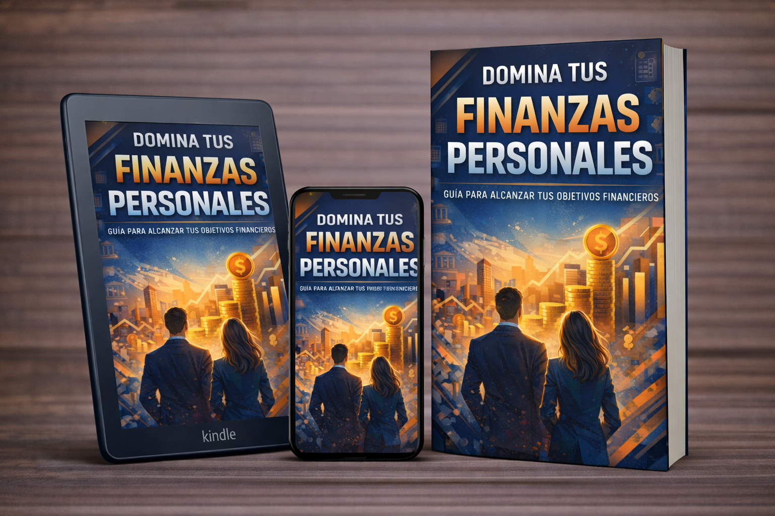Tres versiones del ebook Domina tus Finanzas Personales diseño de portada para educación financiera y gestión del dinero