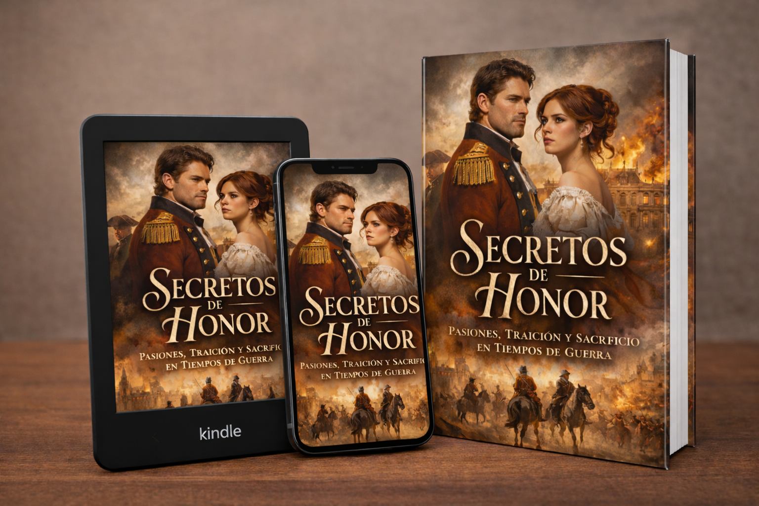 Mockup del ebook Secretos de Honor thriller histórico y misterio con tres versiones de portada profesional