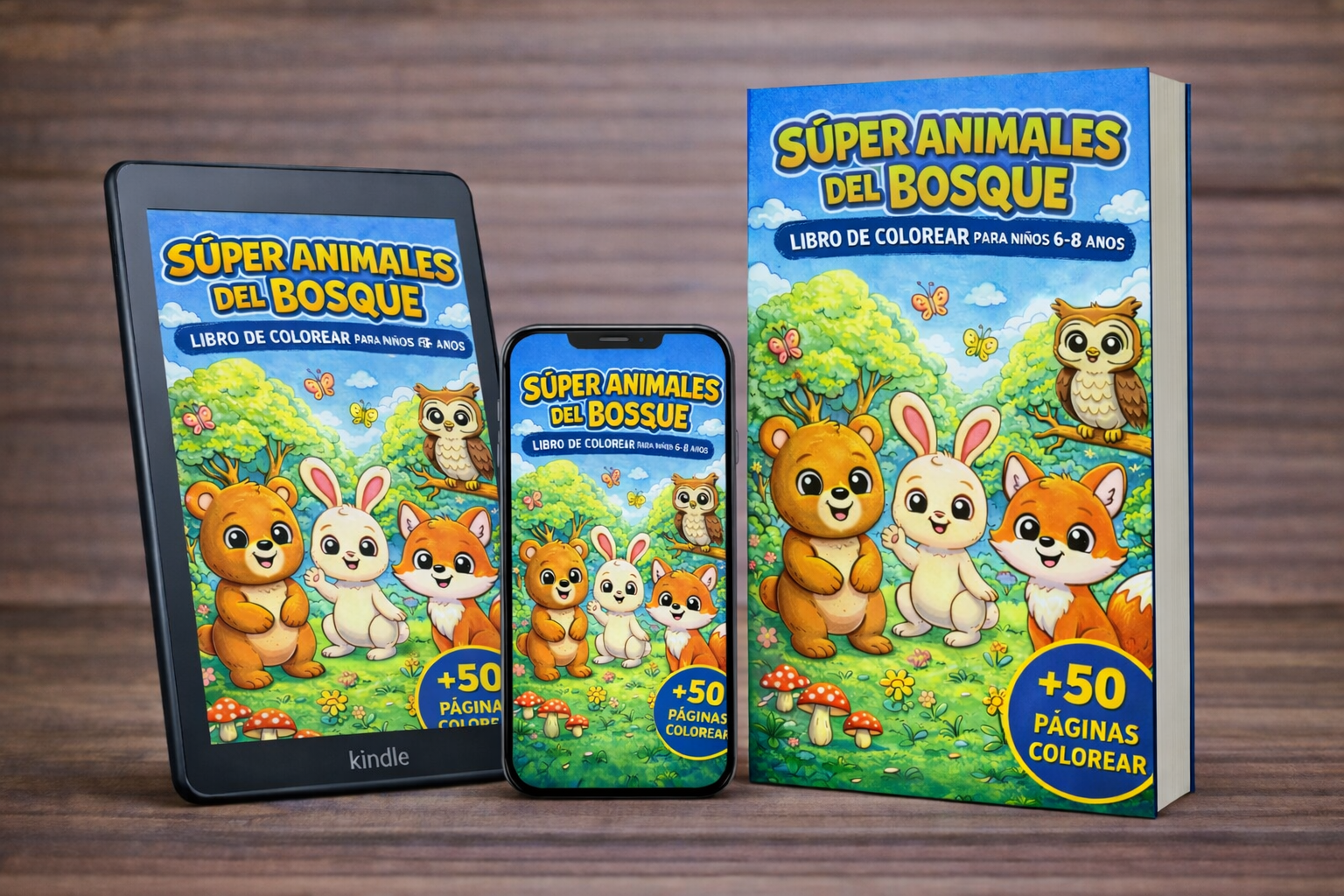 Mockup del libro infantil para colorear Super Animales del Bosque con tres versiones de portada colorida para niños