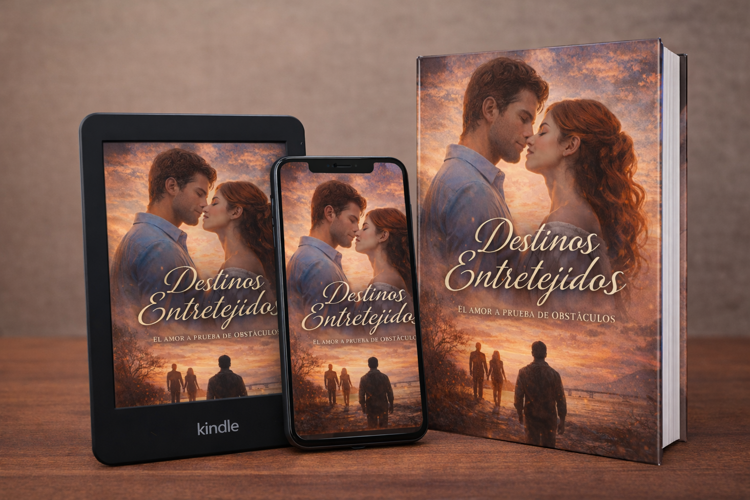 Mockup de ebook Destinos Entretejidos con varias versiones de portada de romance contemporáneo