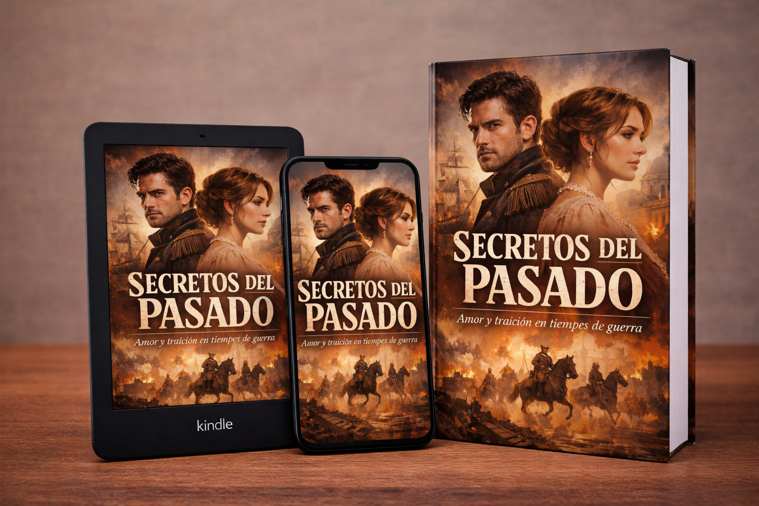 Mockup de ebook Secretos del Pasado con diferentes versiones de portada de drama histórico y ficción