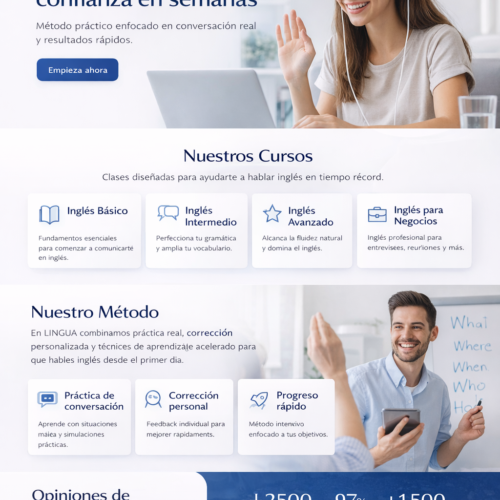 Diseño de la página de inicio de LÍNGUA Academy, una academia de idiomas online con una experiencia digital moderna, enfocada en la captación de alumnos y el aprendizaje intuitivo de idiomas.