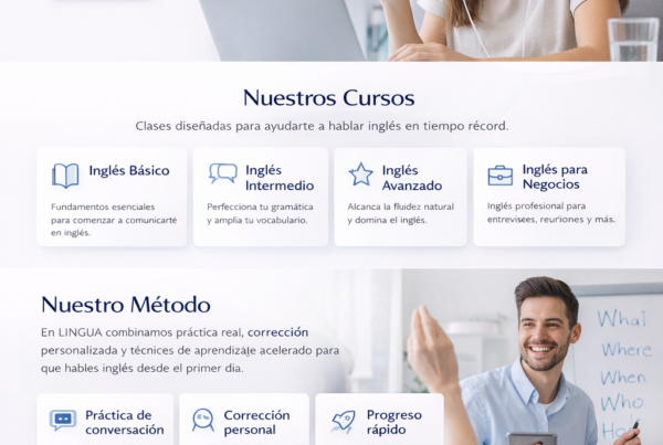 Diseño de la página de inicio de LÍNGUA Academy, una academia de idiomas online con una experiencia digital moderna, enfocada en la captación de alumnos y el aprendizaje intuitivo de idiomas.