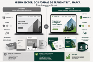 Comparación visual de dos empresas del mismo sector con diferentes identidades de marca, mostrando cómo un branding profesional destaca mediante logotipo, colores y estilo visual.