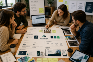 Identidad de marca profesional con logotipo, colores corporativos, tipografías, iconografía, tarjetas y packaging.