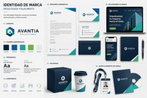 Identidad de marca profesional con logotipo, colores corporativos, tipografías, iconografía, tarjetas y packaging.