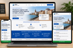 Página web de un negocio local en ordenador, tablet y smartphone con SEO local, servicios, contacto y diseño responsive.
