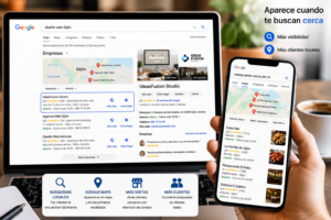 Negocio local apareciendo en Google y Google Maps para búsquedas como “diseño web Gijón” y “restaurante cerca de mí”.