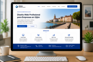 Página web corporativa profesional de una empresa de Gijón mostrada en un ordenador, con diseño moderno, servicios e información de contacto.