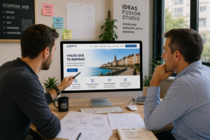 Diseñador web profesional trabajando con el propietario de una empresa de Gijón, revisando el diseño de una página web en un ordenador.