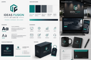 Identidad corporativa profesional con logotipo, paleta de colores, tipografías, iconografía, tarjetas y packaging