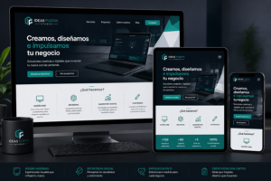 Página web corporativa moderna después de un rebranding mostrada en ordenador, tablet y smartphone