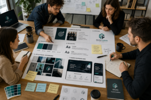 Equipo de branding trabajando en la estrategia de marca con objetivos, logotipo, paleta de colores, tipografías y diseño web