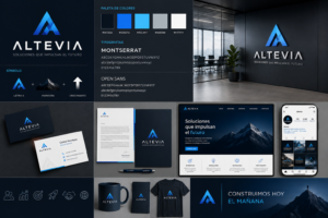 Marca empresarial profesional con logotipo, colores corporativos, tipografías y elementos gráficos coherentes.