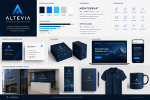 Identidad corporativa profesional con logotipo, colores, tipografías, iconografía, tarjetas y packaging.