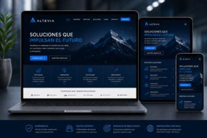 Página web corporativa profesional en ordenador, tablet y smartphone con identidad de marca coherente.