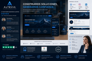 Empresa con identidad de marca profesional y opiniones positivas de clientes en diferentes canales online.