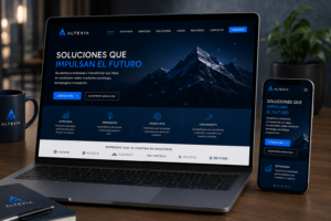 Página web corporativa profesional mostrada en ordenador, tablet y smartphone con diseño responsive e identidad de marca coherente